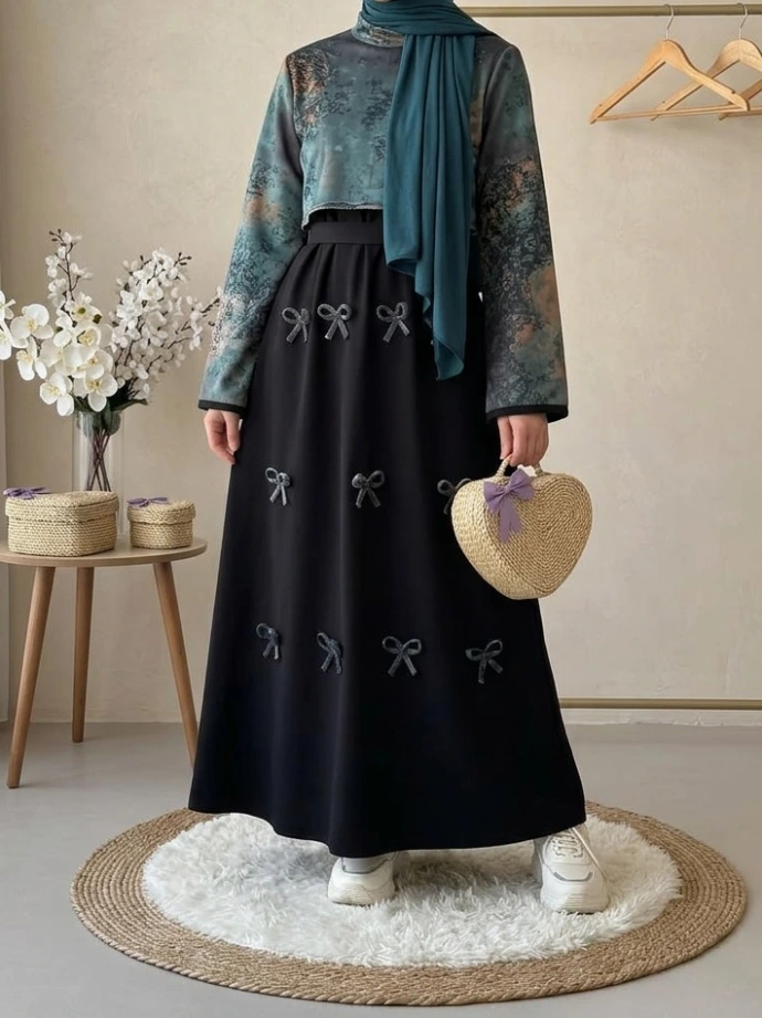 A modest black skirt paired with a coordinating top and elegant accessories for a refined appearance.